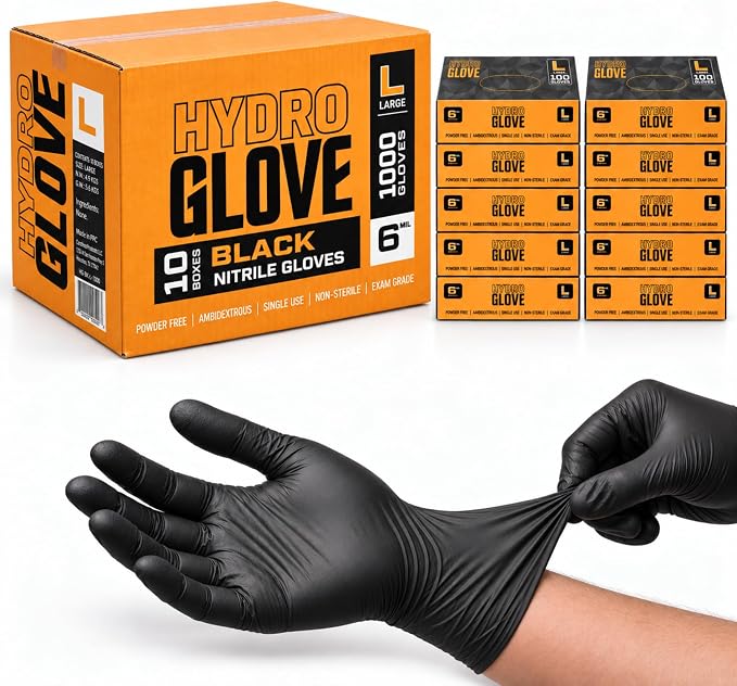 HydroGlove Black 6 mil nitrile gloves — case and boxes