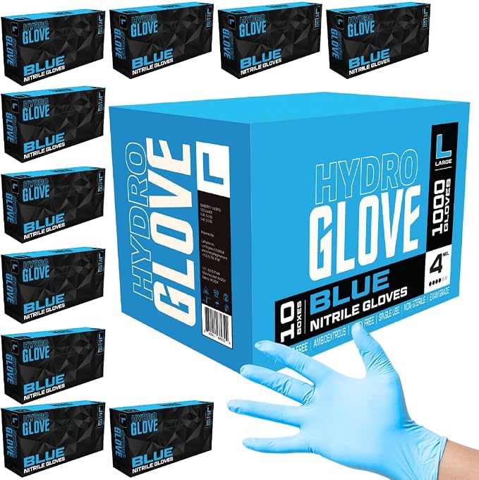 HydroGlove Blue 4 mil nitrile gloves — case and boxes