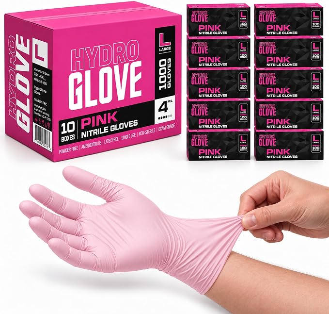 HydroGlove Pink 4 mil nitrile gloves — case and boxes