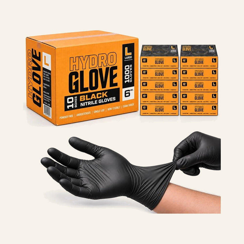 HydroGlove Black 6 mil nitrile gloves — case of 10 boxes / 1,000 gloves