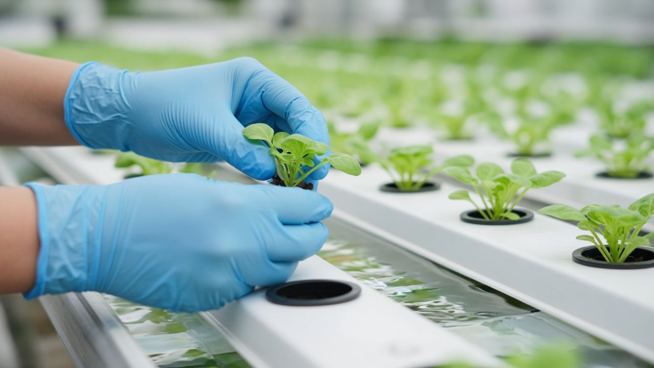 Hands in blue nitrile gloves in hydroponics and farming — hands only