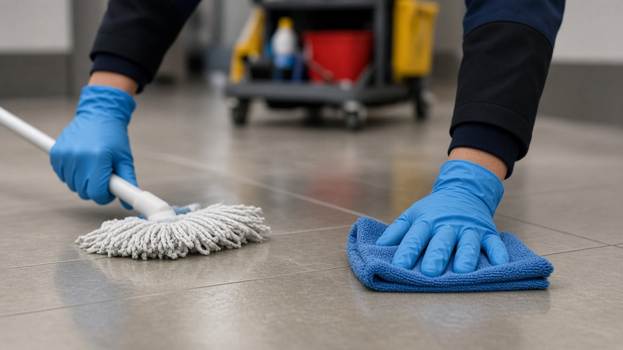 Hands in blue nitrile gloves during cleaning work — hands only