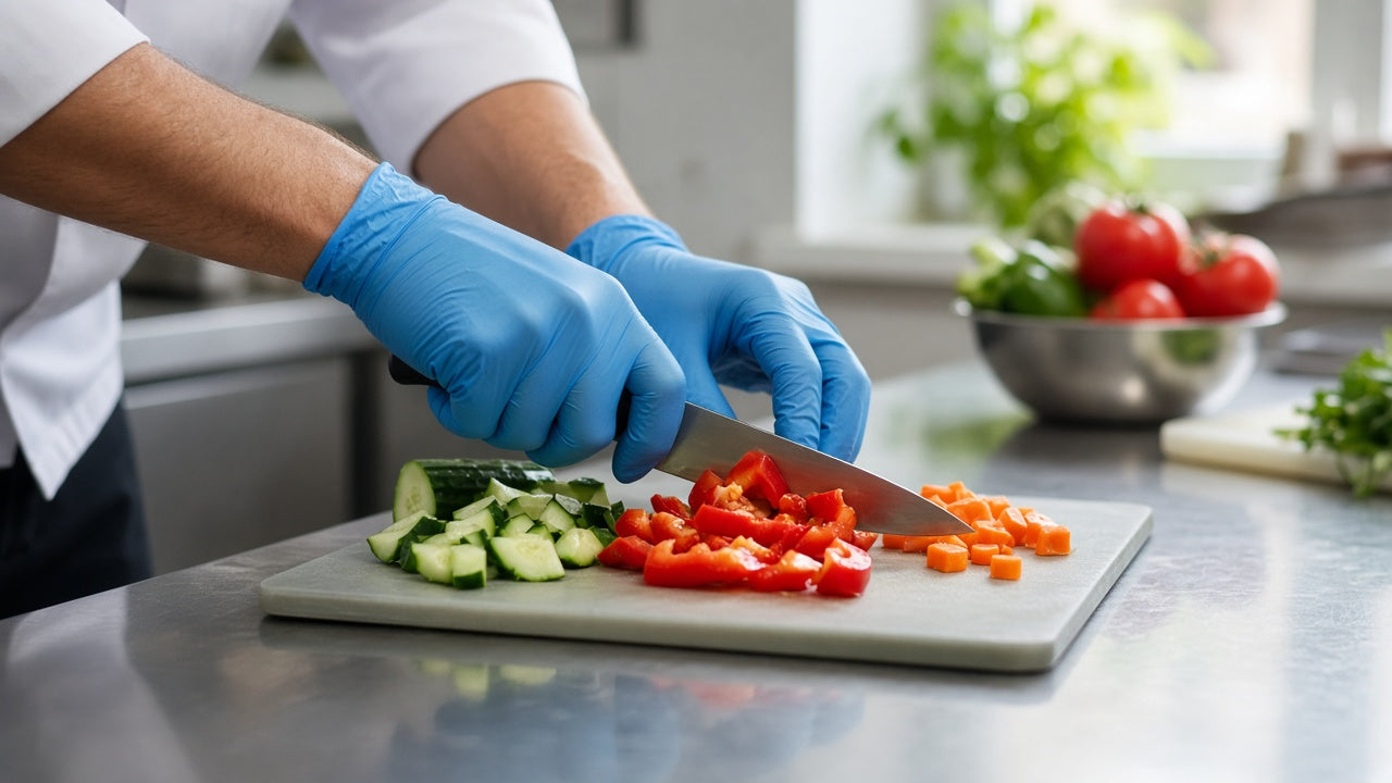 Hands in blue nitrile gloves during food prep — hands only