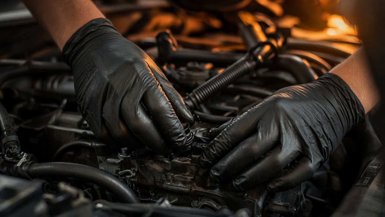 Hands in black nitrile gloves during auto work — hands only