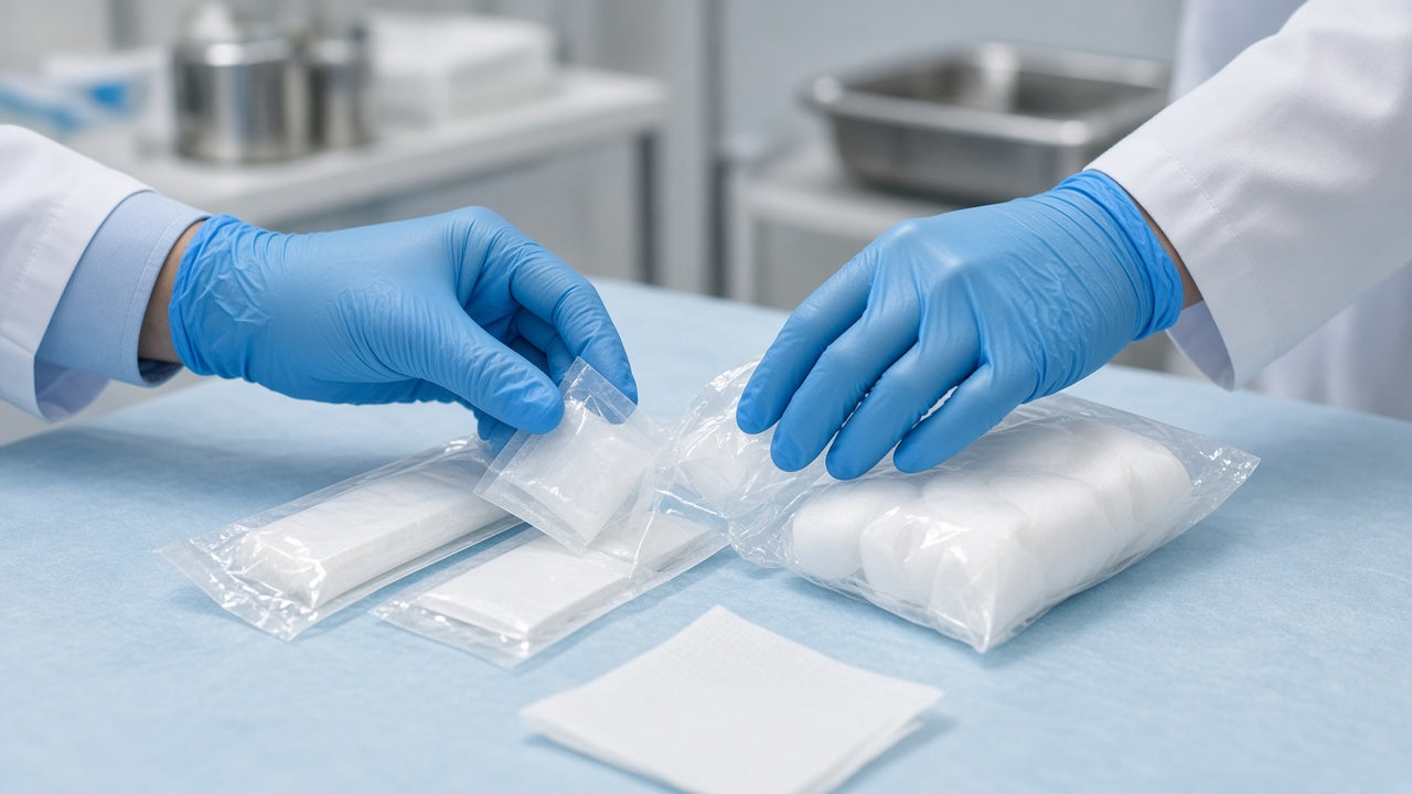 Hands in blue nitrile gloves in a medical exam setting — hands only