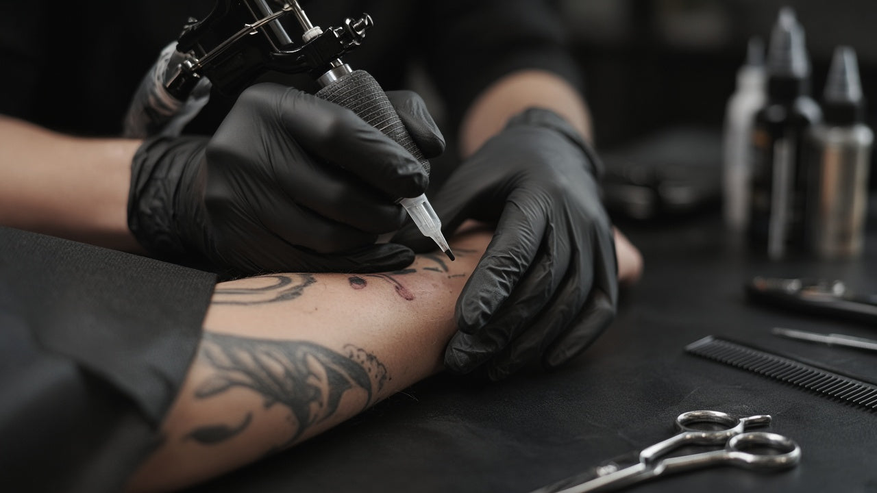 Hands in black nitrile gloves during tattoo and beauty work — hands only